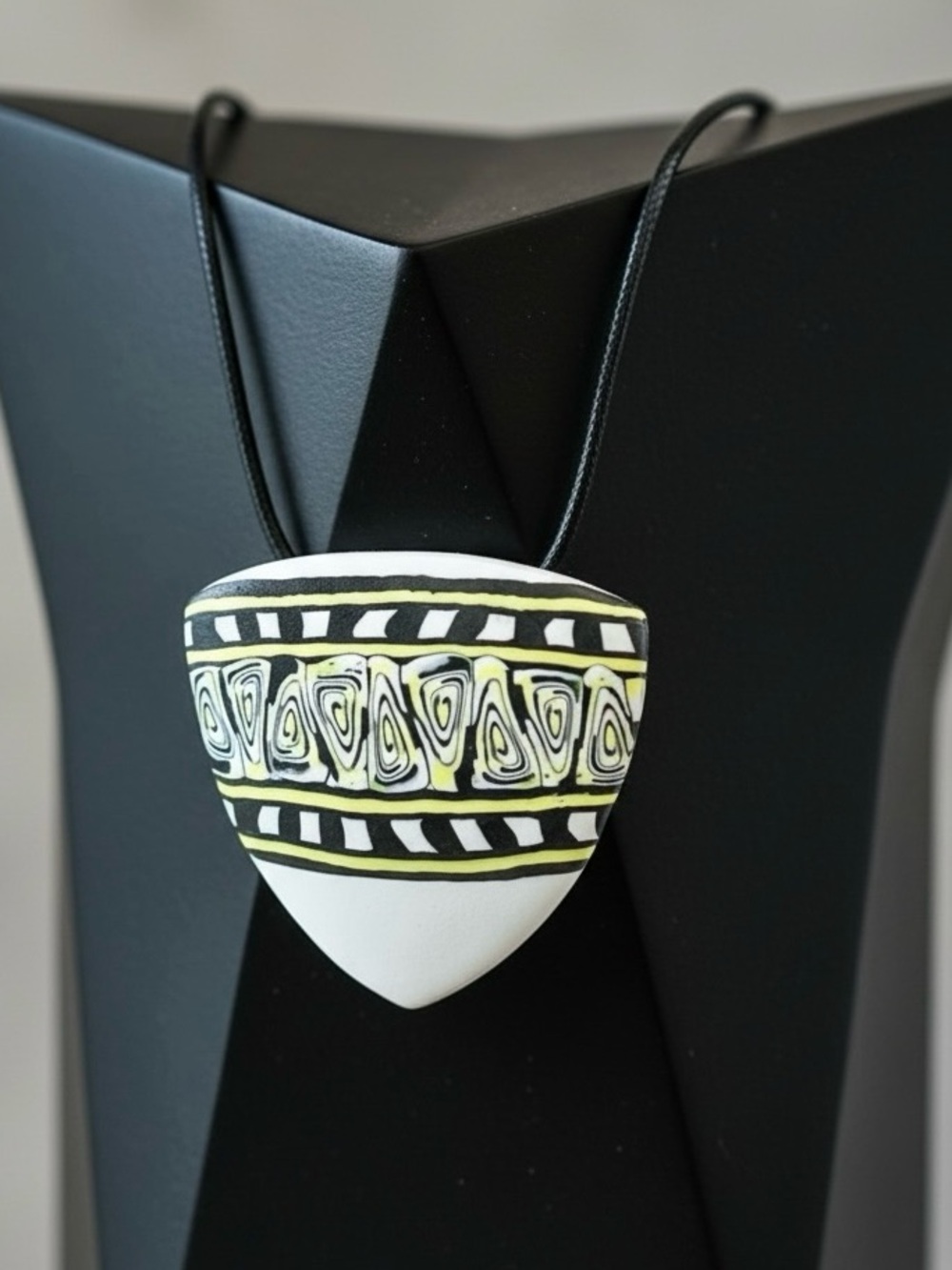 Handmade Yellow Black White Graphic Print Polymer Clay Statement Pendant Necklac